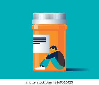 Lonely man trapped in a medicine jar. Symbolic for drugs, psychopharmaceuticals, nootropics and other drugs. The medicine. Brain treatment. Drug dependence. Vector illustration.