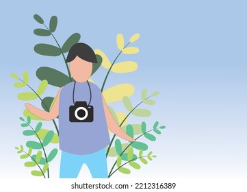 un homme seul voyage dans la forêt naturelle. l'image Vectorielle Nature Tourisme avec caméra est utilisée pour la décoration d'arrière-plan nature vert environnement.
