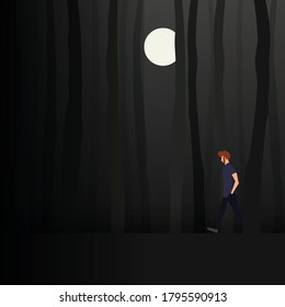 Lonely man walking into the forest at night alone