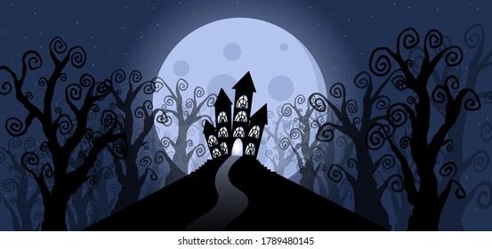 lonely mansion on the top of the hill. halloween concept. vector illustration for the eve of all saints. All Hallows' Eve celebration.