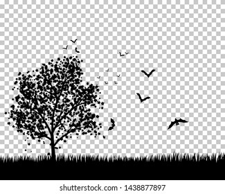 Lonely  maple tree in the meadow with flying bats. EPS 8 Vector illustration. All objects are separated.