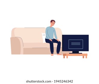 Lonely miserable man alone in front of TV, flat vector illustration isolated.