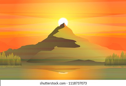 lonely mountain beside lake and forest at beautiful sunset vector illustration