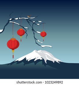lonely mountain at night under the snow and laterns on a branch of sakura with bird