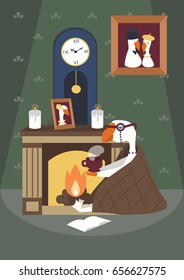 Lonely old goose in a room with a fireplace - Vector Illustration