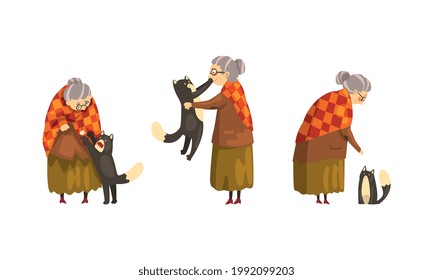 Lonely Old Happy Lady with Her Cat Set, Grandmother Caring for her Black Cat Cartoon Vector Illustration