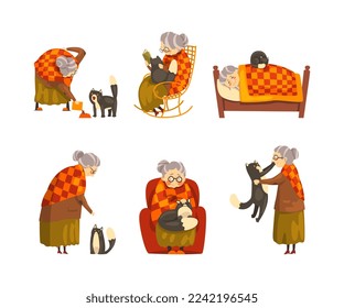 Lonely Old Happy Lady with Her Cat Pet Engaged in Different Activity Vector Set