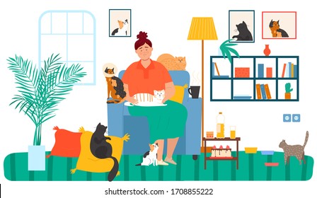 Lonely old lady hugs cats, happiness and domestic pets animals vector illustration. Kitty and kitten at home in living room. Comic feline cats lovers.