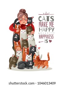 Lonely old lady hugs smiling cats, phrase about happiness and domestic animals vector illustration