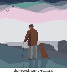 Lonely old man with dog stands in the park. Vector Illustration