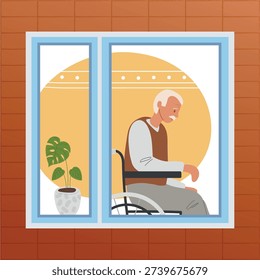 Lonely old man in his apartment sits by window in wheelchair. Lonely old age, abandoned elderly. Vector illustration.