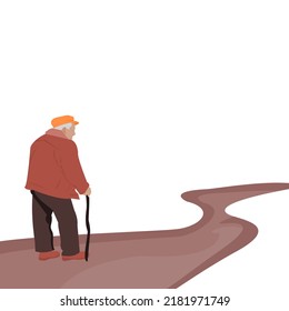 Lonely old man holding the cane is walking alone to bowing down.The concept of support and care for older people under the concept of abandoned,lonely.Vector flat isolated design on white background 