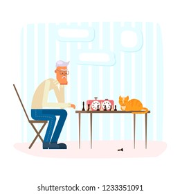 Lonely old man playing chess with a ginger cat. Vector illustration eps 10