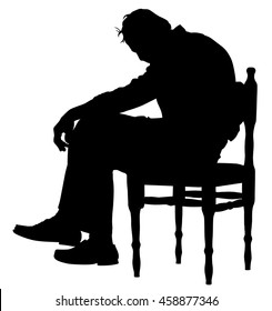 Lonely Old Man Sitting On Chair In Vector Silhouette Illustration. Worried Senior Person. Desperate Retiree Looking Down. Daydreaming,no Hope. Pensioner Thinking About Life.Senility Alzheimers Trouble