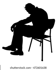 Lonely old man sitting on chair in vector silhouette illustration. Worried senior person. Desperate retiree looking down. Daydreaming,no hope. Pensioner thinking about life.Senility alzheimers trouble