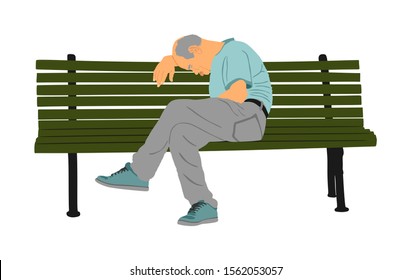 Lonely old man sitting and sleeping on bench in park vector. Worried senior person. Desperate retiree looking down. Daydreaming,no hope. Pensioner thinking about life. Senility alzheimers trouble.