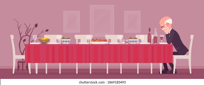 Lonely Old Man Sitting At Table Served For Festive Dinner. Senior Person Alone With Empty Chairs, Missing Gone Family Members, Friends, Thinking Of Past Events. Vector Flat Style Cartoon Illustration