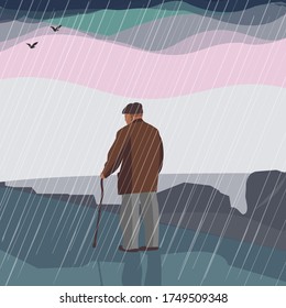 Lonely old man stands in the rain. Vector Illustration