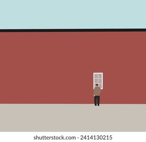 Lonely old man staring into window on modern building waiting someone with hope. Elderly pensioner waiting meeting with family. Good health, retirement