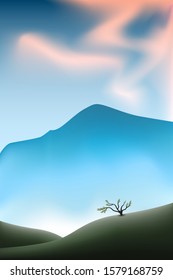 Lonely old tree on a hill against misty mountain peak. Vector illustration.