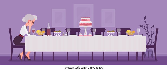 Lonely Old Woman Sitting At Table Served For Festive Dinner. Senior Person Alone With Empty Chairs Missing Gone Family Members, Friends, Thinking Of Past Events. Vector Flat Style Cartoon Illustration