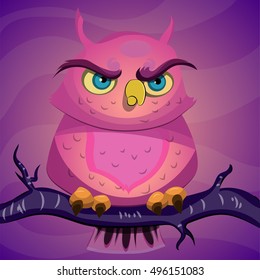 Lonely owl sitting on a branch with a strict eyesight.