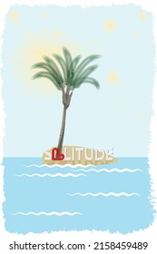 Lonely palm tree on an island in the sea, text "solitude" 
