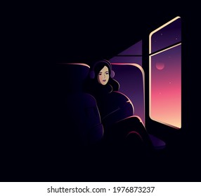 Lonely passenger. Young woman in a night bus looking through the window