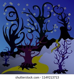 Lonely path through the spooky haunted dark forest at nigh