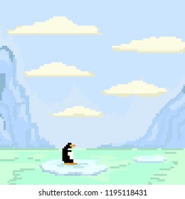 Lonely penguin in the Arctic. Pixel art vector illustration