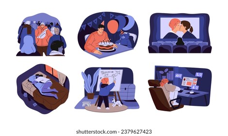 Lonely people in crowd, cinema, at home set. Alone kid drawing friends. Depressed girl in online loneliness. Single persons with psychological problems. Flat isolated vector illustration on white