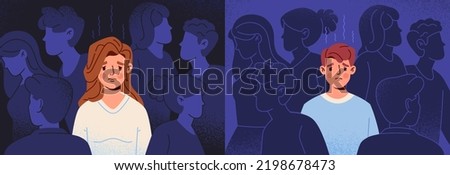 Lonely people set. Sad or upset man and woman feel lonely in crowd. Characters with psychological problems suffer from lack of friends and communication. Cartoon flat vector illustration collection