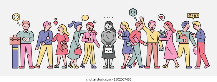 A Lonely Person In A Crowded And Joyful Crowd. It Is Expressed In Black And White Alone. Flat Design Style Minimal Vector Illustration