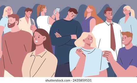 Lonely person in happy people group. Loneliness and happiness around. Man feel alone in crowd outside. Burnout and depression, kicky vector scene