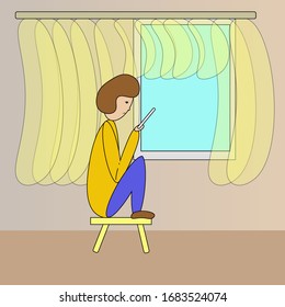 lonely person, illustration of bad news on the phone, loneliness sadness in the room. Vector illustration