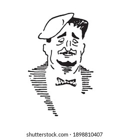 Lonely person with sad face and bow tie, hand drawn outline illustration. Single old man with hat and mustache, pen drawing. Emotional gentleman cartoonish sketch image. 