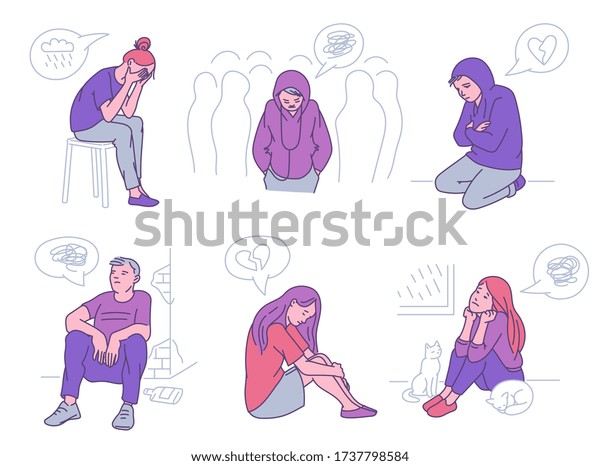 Lonely Person Set Sad Cartoon People Stock Vector (Royalty Free) 1737798584