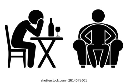 Lonely person sitting alone at restaurant table with wine bottle