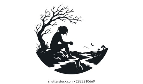 A lonely person sitting under a bare tree by a river in a black and white silhouette