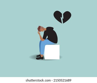 Lonely person is unhappy. Flat vector stock illustration is isolated. Non-binary person with broken heart and sadness, appatia, depression, suffering