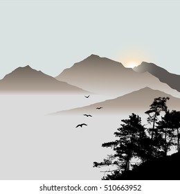 Lonely pine on the mountains background with flying birds