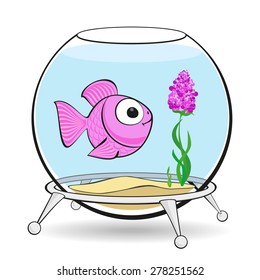 Lonely pink fish is looking at the flower in the aquarium. Cute cartoon pink girl fish character, isolated on white, beautiful vector girlish illustration. 