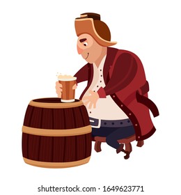 Lonely pirate having rest with beer pint on white. Filibuster sitting at barrel table drinking alcoholic beverage. Cartoon corsair character in hat and vintage costume. Isolated vector illustration