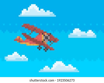 Lonely pixel helicopter for old game design. Air transport flying in sky vector. Colored propeller helicopter for monster fighting game. Red pixelated combat aircraft while flying among clouds