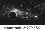 Lonely planet in deep space on beautiful starry nebula background in stippling style. Mysterious alien exoplanet in outer space. Retro styled dotwork. Pointillism. Dots shading. Vector illustration