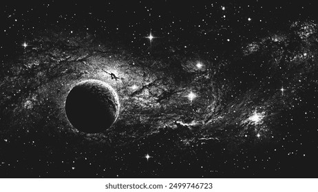 Lonely planet in deep space on beautiful starry nebula background in stippling style. Mysterious alien exoplanet in outer space. Retro styled dotwork. Pointillism. Dots shading. Vector illustration