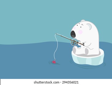 Lonely polar bear on an ice floe floats and fishing. Environmental problems of melting ice