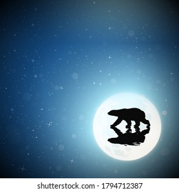 Lonely polar bear walking on frozen lake on moonlight night. Arctic landscape with animal reflected in water. Full moon in starry sky. Vector illustration for use in polygraphy, textile, nursery decor