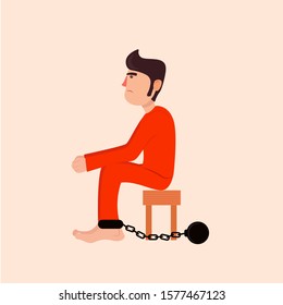 Lonely Prisoner Cartoon Vector. Prisoner with Orange Uniform.