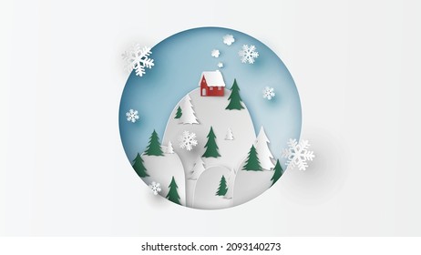 A lonely red house in the middle of winter forest. Red house with snowing in forest at winter. Winter landscape. paper cut and craft style. vector, illustration.